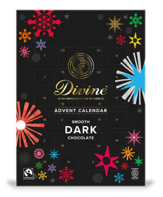 Hovedbilde Vegansk sjokoladekalender med mørk sjokolade / Divine