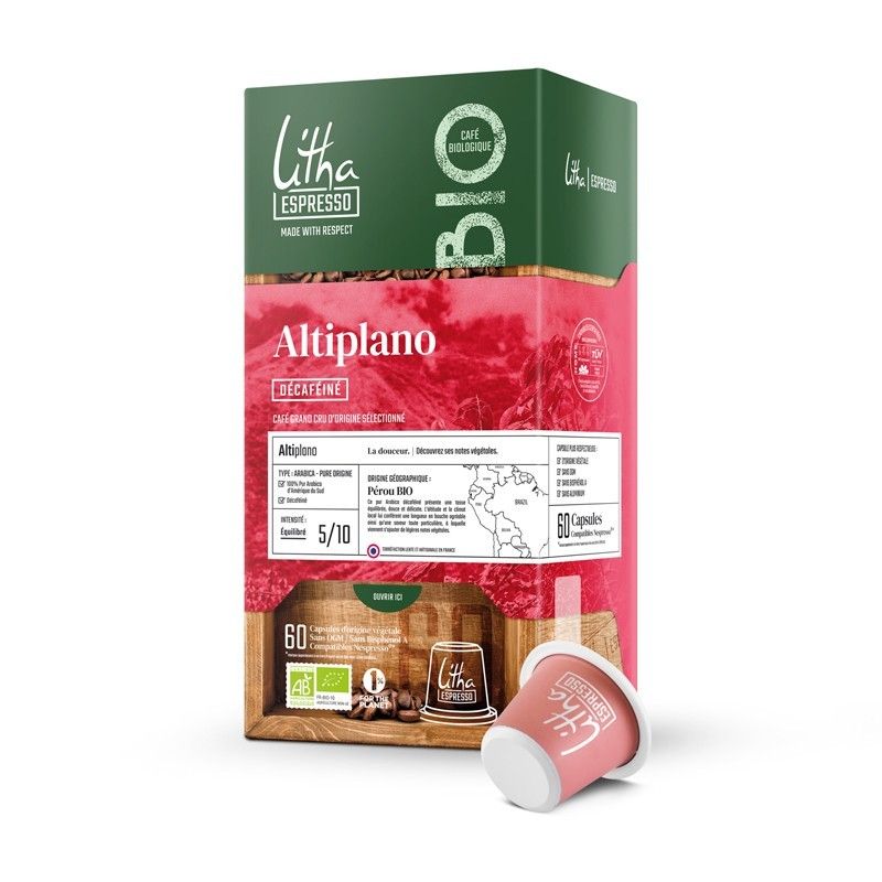 60 stk koffeinfri kaffe i komposterbare kaffekapsler, økologisk / Litha Espresso