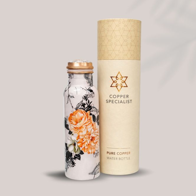 Hovedbilde Drikkeflaske i kobber - Hvite blomster 750ml / Ayurveda Specialist B.V